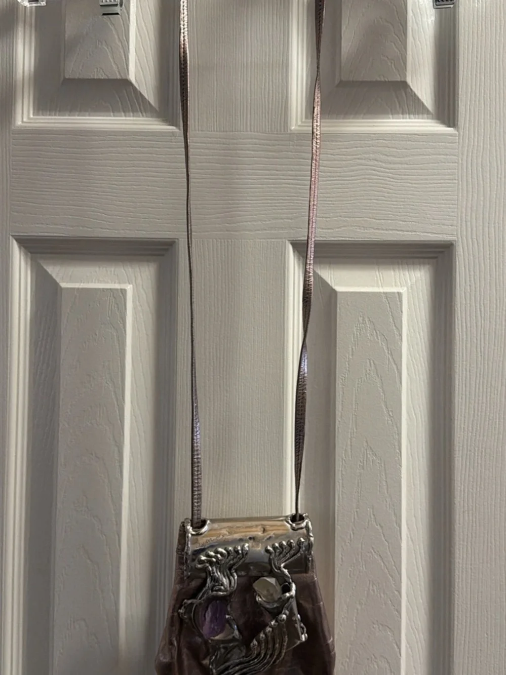 Metallic Bronze Crossbody Bag with Silver Sculptural Accent and Amethyst Details